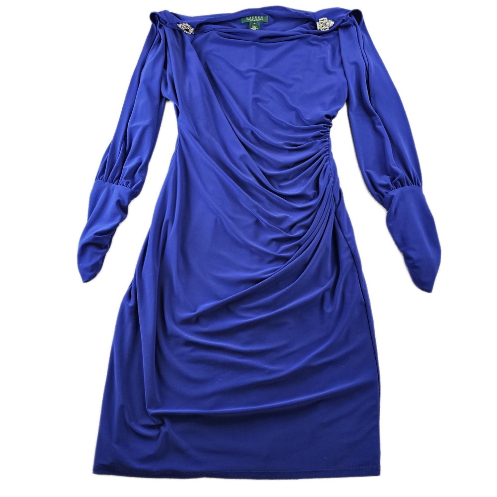 Lauren Ralph Lauren Evening Cocktail Dress Women's 10 Blue Ruched Split‎ Sleeve
